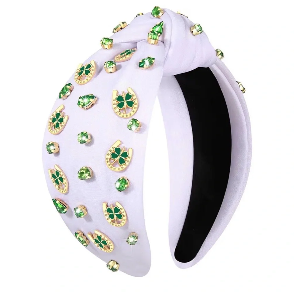 NWT White Knotted Headband with Green Gem Shamrock Horseshoe Accents